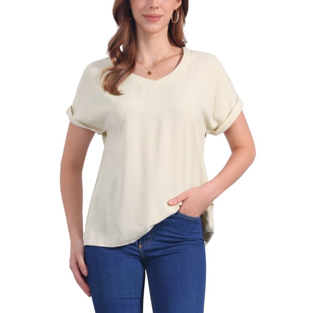 INSPIRE CHIC Blusas de Lino para Mujer de Manga Corta Camisetas Casuales Básicas de Verano Atuendos Sueltos Blusa de Color Sólido M Beige