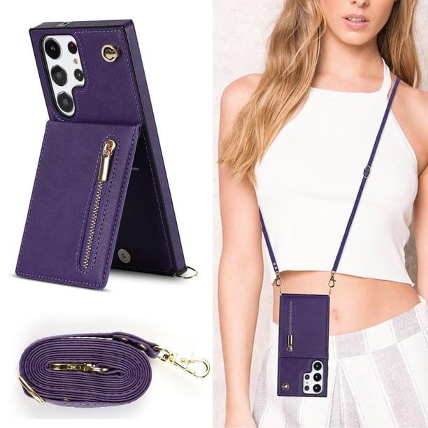 Crossbody Wallet Case Case For Samsung Galaxy S23 S22 Plus Note 20 Ultra With Card Slot Holder, Magnetic Flip Folio Purse Case, PU Leather Zipper Handbag With Detachable Lanyard Strap