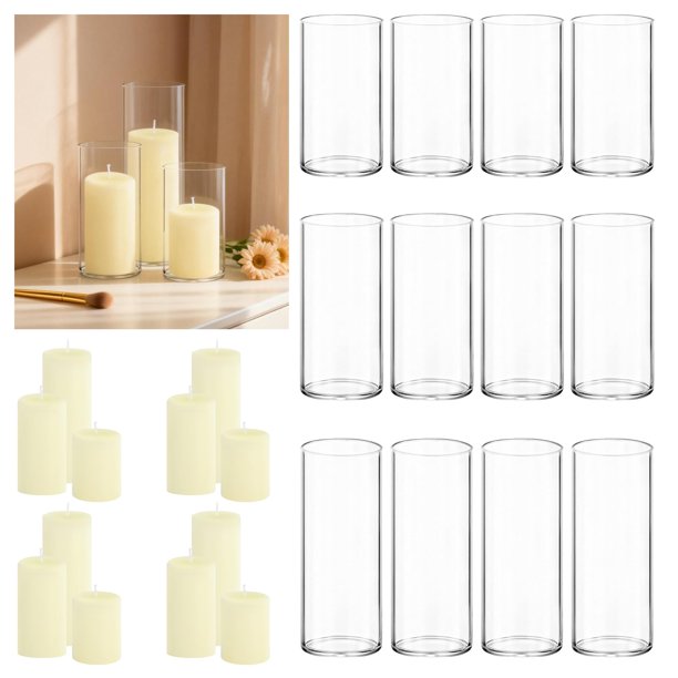 Juego de 24 piezas VASE Trxvxo: Velas de pilar color marfil y jarrones cilíndricos de vidrio