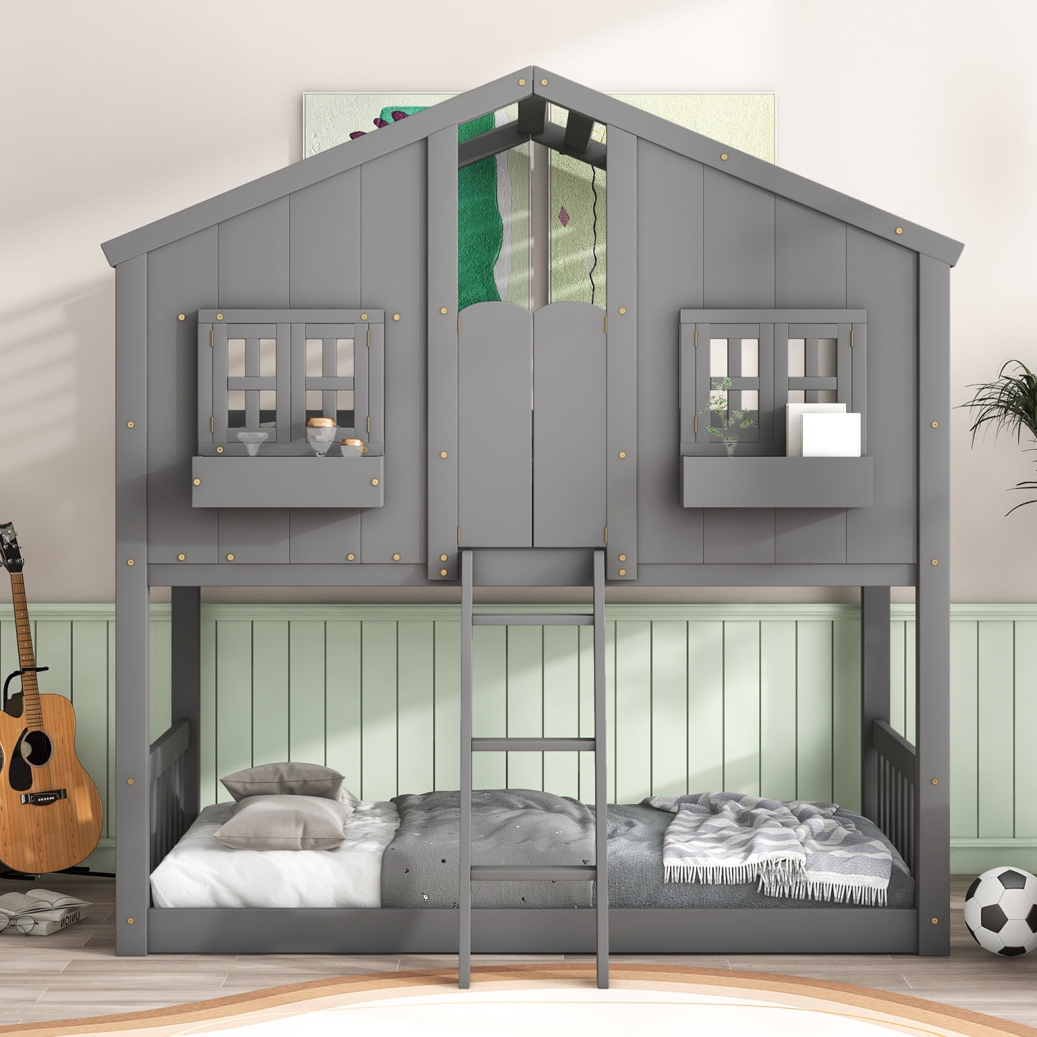 M&ms - Twin Over Twin House Bunk Bed With Roof , Window, Window Box, Door , With Safety Guardrails And Ladder, Grey
