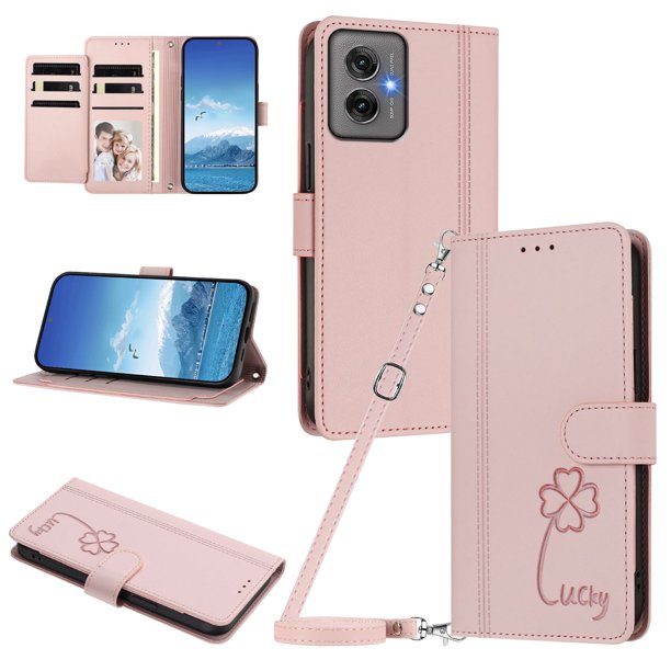 Funda Cartera Trébol para Motorola Moto G55 5G con Ranuras Tarjetas y Carga Inalámbrica Rosa