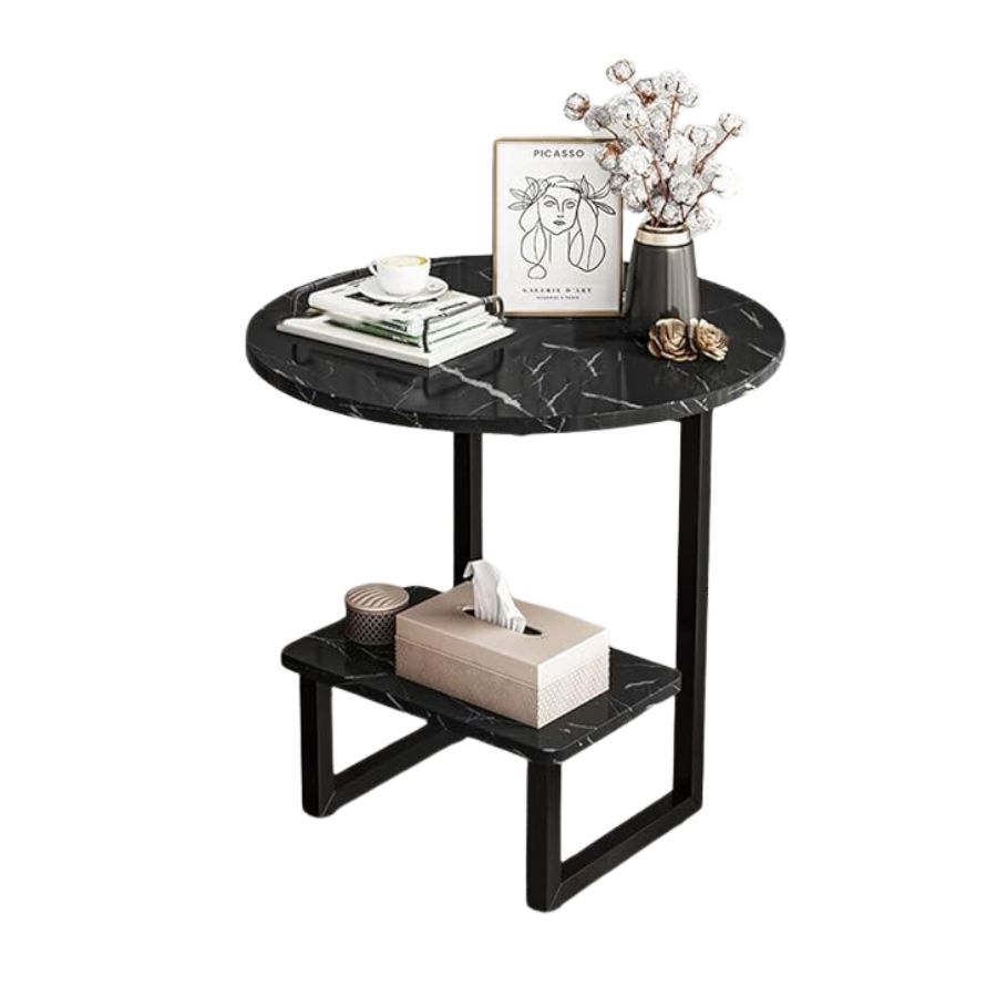Click Ventas - Mesa Auxiliar Mármol Para Sofá Mesa Esquinera De 2 Nivel Negro