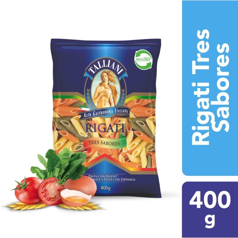 Fideo Pasta Al Huevo Rigati Tres Sabores Bolsa 400 g Talliani