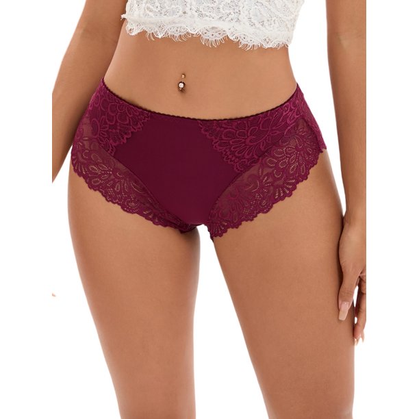 INSPIRE CHIC Ropa Interior de Mujer Regreso a Clases Encaje de Cintura Media Cómodos Calzoncillos, Disponibles en Talla Grande L Rojo Vino