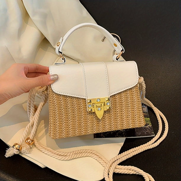 Mini Straw Woven Crossbody Bag, Top Handle Satchel, Women's Fashion Handbag & Shoulder Purse (7.5"x5.9"x3.1")