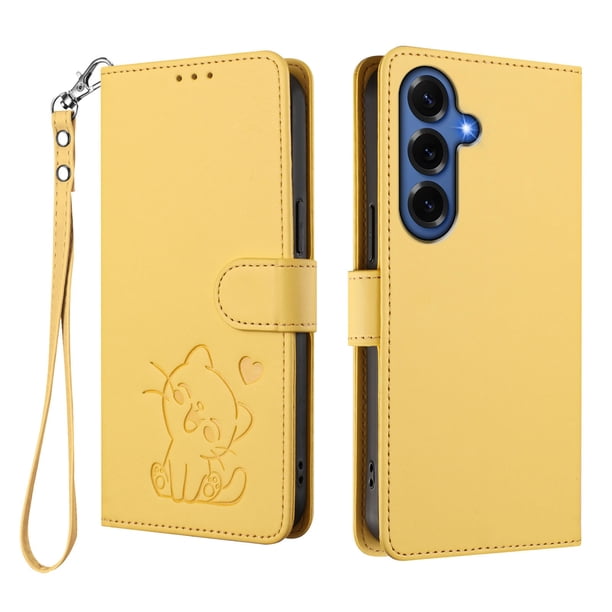 Funda Volteable con Diseño de Gato para Samsung Galaxy S26 Plus, Amarillo