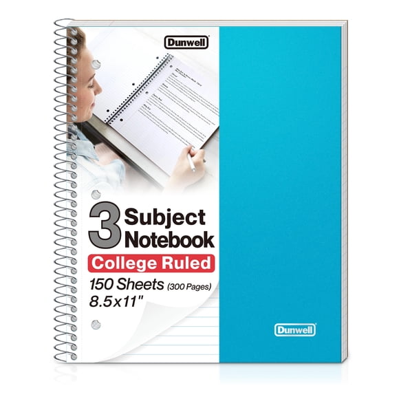 Dunwell Cuaderno de Espiral de 3 Materias, Rayado Universitario, 150 Hojas, Azul