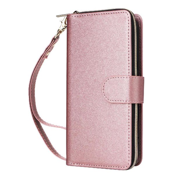 Funda Cartera con Cremallera y Correa para iPhone 16 Pro Soporte y Tarjetero Oro rosa