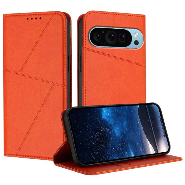 Funda Cartera Magnética para Google Pixel 9 Pro XL Protección Antichoque con Ranuras Naranja