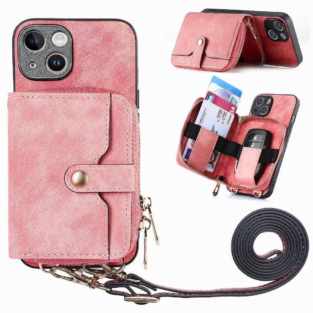 Funda Tipo Cartera con Correa Cruzada para iPhone 14 Protección Contra Golpes Rosa