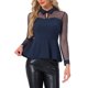 thumbnail image 1 of INSPIRE CHIC Blusa de Mujer de Malla Transparente con Peplum, Manga Larga, Cuello con Abertura y Dobladillo con Volantes, Cuello Abatible, Talla S, Azul Oscuro, 1 of 6