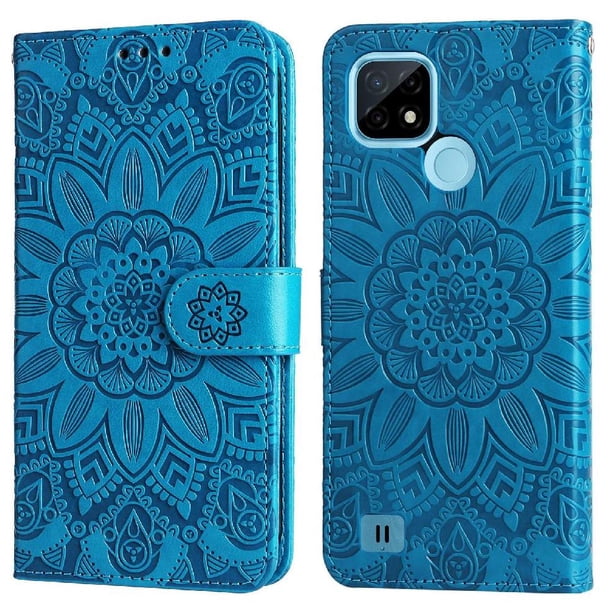Funda tipo cartera FOXDOCK para Realme C25Y , diseño girasol en relieve, cuero PU, cierre magnético, soporte y tarjetero