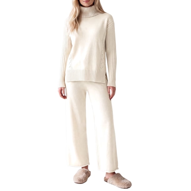 INSPIRE CHIC Conjunto de Suéter de Punto de 2 Piezas para Mujer Cuello Alto Hombro Caído Manga Larga Ajustable Apricot Mediano