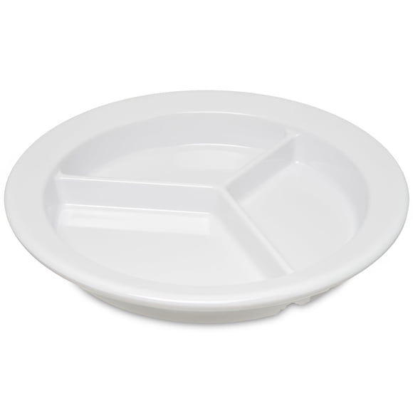 Plato dividido de plástico reutilizable Carlisle FoodService Products Dallas Ware con 3 compartimentos para hospitales, escuelas y hogares, melamina, 9 pulgadas, blanco