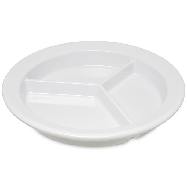 Plato dividido de plástico reutilizable Carlisle FoodService Products Dallas Ware con 3 compartimentos para hospitales, escuelas y hogares, melamina, 9 pulgadas, blanco