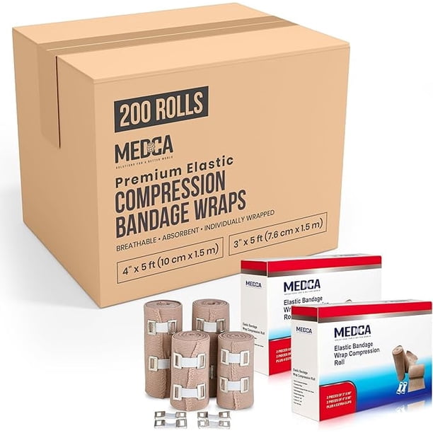 Vendas Elásticas Compresivas MEDca con Ganchos (Set de 200) - 2 pulg x 5 pies (5,08 cm x 1,52 m) y 3 pulg x 5 pies (7,62 cm x 1,52 m) - Cinta Deportiva Reutilizable para Esguinces y Lesiones