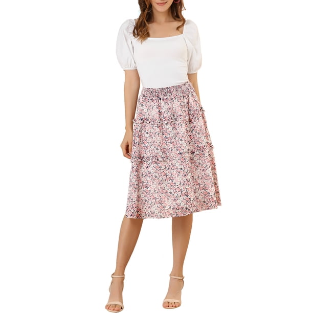 INSPIRE CHIC Falda Floral de Mujer Verano Chifón Fruncido Cintura Elástica Línea A Debajo de la Rodilla Longitud Volante Falda en Capas XL Rosa