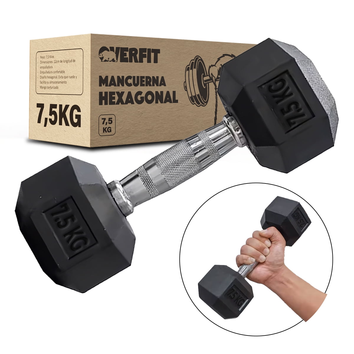 Mancuerna Hexagonal 7.5kg Acero Y Caucho Overfit