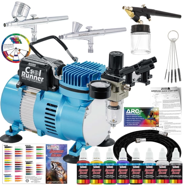 Kit de sistema de aerografía Master Airbrush Cool Runner II con 3 aerógrafos y pintura acrílica de 6 colores