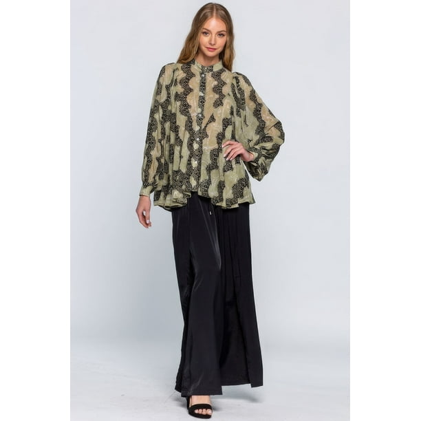 Saronite Camisa de Manga Larga Transparente con Detalle de Encaje, Color Caqui (para Mujer)
