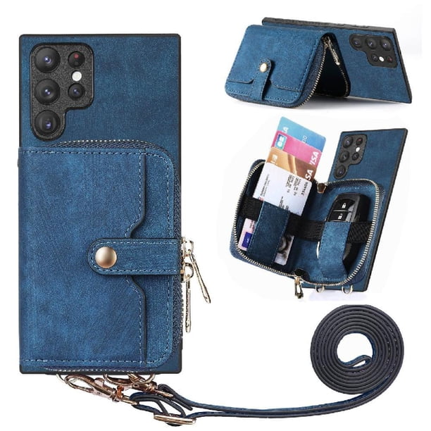 Funda Tipo Cartera con Correa Cruzada para Samsung Galaxy S23 Ultra Protección Contra Golpes Azul