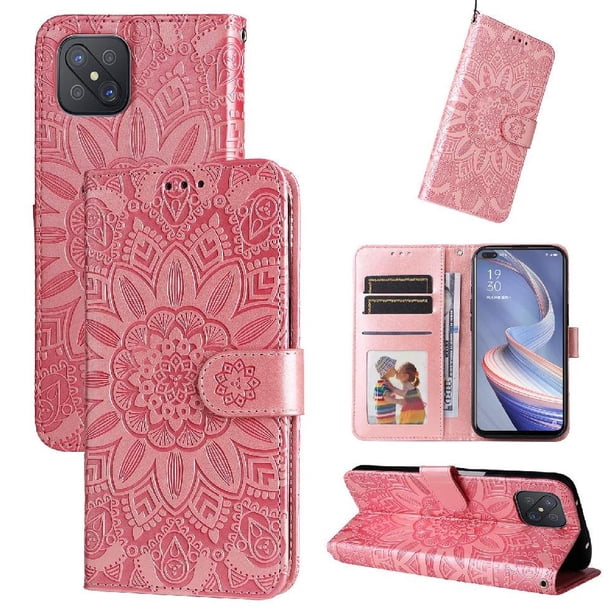 Funda tipo cartera FOXDOCK para OPPO A53 5G , diseño girasol en relieve, cuero PU, cierre magnético, soporte y tarjetero