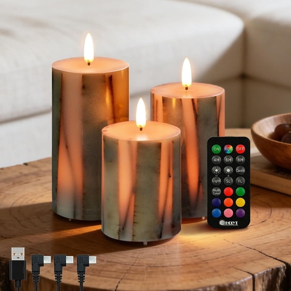 Velas sin llama LEDHOLYT 3 pz corteza abedul RGB USB