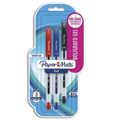 Pack Bolígrafo Gel Punta Fina Colores (Rojo, Azul, Negro) 1 Un Paper Mate