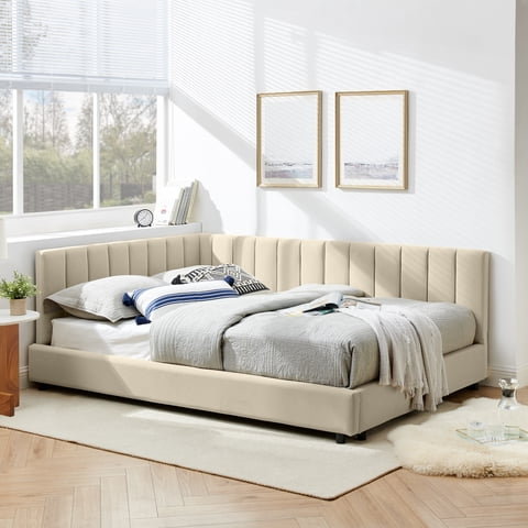 M&Ms - Full Size Upholstered Tufted Bed Frame, Sofa Bed Frame With Comfortable Backrest And Armrests, Full Size Bed For Bedroom, Living Room,Velvet-Beige(81''*60''*29.5'')