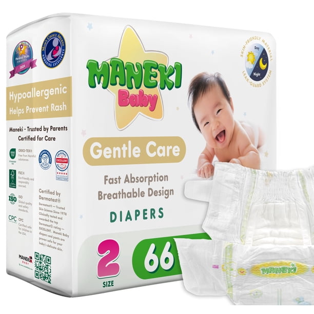 Pañales para bebé MANEKI talla 2 (66 unidades) – Hipoalergénicos, sin fragancia y transpirables