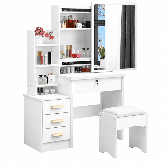 Tocador Compacto Con Espejo Y Taburete 130X80X40cm