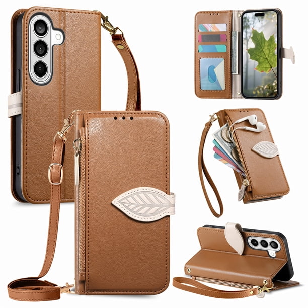 Funda tipo cartera FOXDOCK para Samsung Galaxy S26 Pro con ranuras para tarjetas, soporte y cremallera - Pulsera larga marrón
