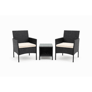 Space Home - Juego Terraza Compacto Ratán Negro Con Cojines, Con Mesa Vidrio Negro