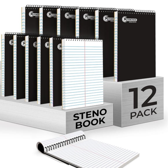 Steno Pad Rosmonde, tapa en espiral, 9 x 6 pulgadas, 80 hojas, 12 unidades, color negro