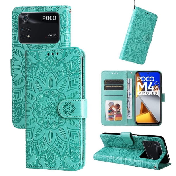 Funda tipo cartera FOXDOCK para Xiaomi Poco M4 Pro 4G , diseño girasol en relieve, cuero PU, cierre magnético, soporte y tarjetero