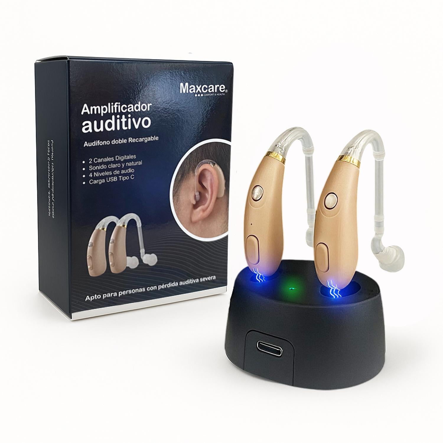 Maxcare - Amplificador Auditivo Audífono Sordera Severa Doble Recargable Beige