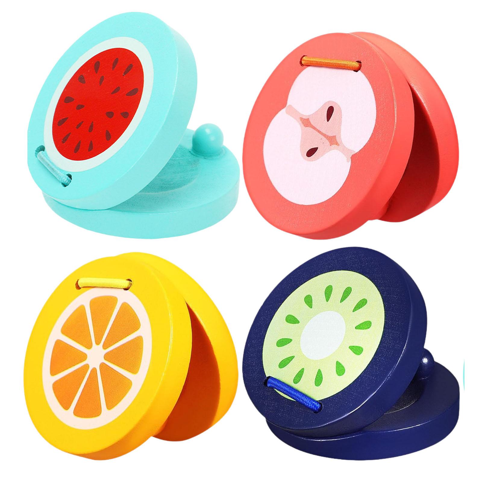 Magideal - 4 Piezas Castañuelas Para Dedos Castañuelas De Madera Ayudas Para La Enseñanza De Educación Temprana Castañuelas De Frutas De Dibujos Animados Mazos P