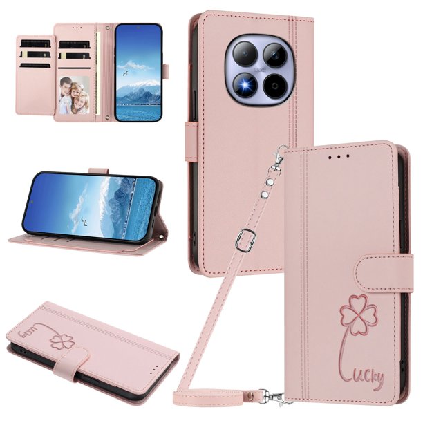 Funda Cartera Trébol para Xiaomi Poco M8 Pro 5G con Ranuras Tarjetas y Carga Inalámbrica Rosa