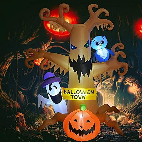 Árbol muerto de Halloween de 8 pies con fantasma blanco, calabaza y búho. Decoración inflable de jardín con luces LED incorporadas para día festivo/fiesta/jardín/patio. Descuento