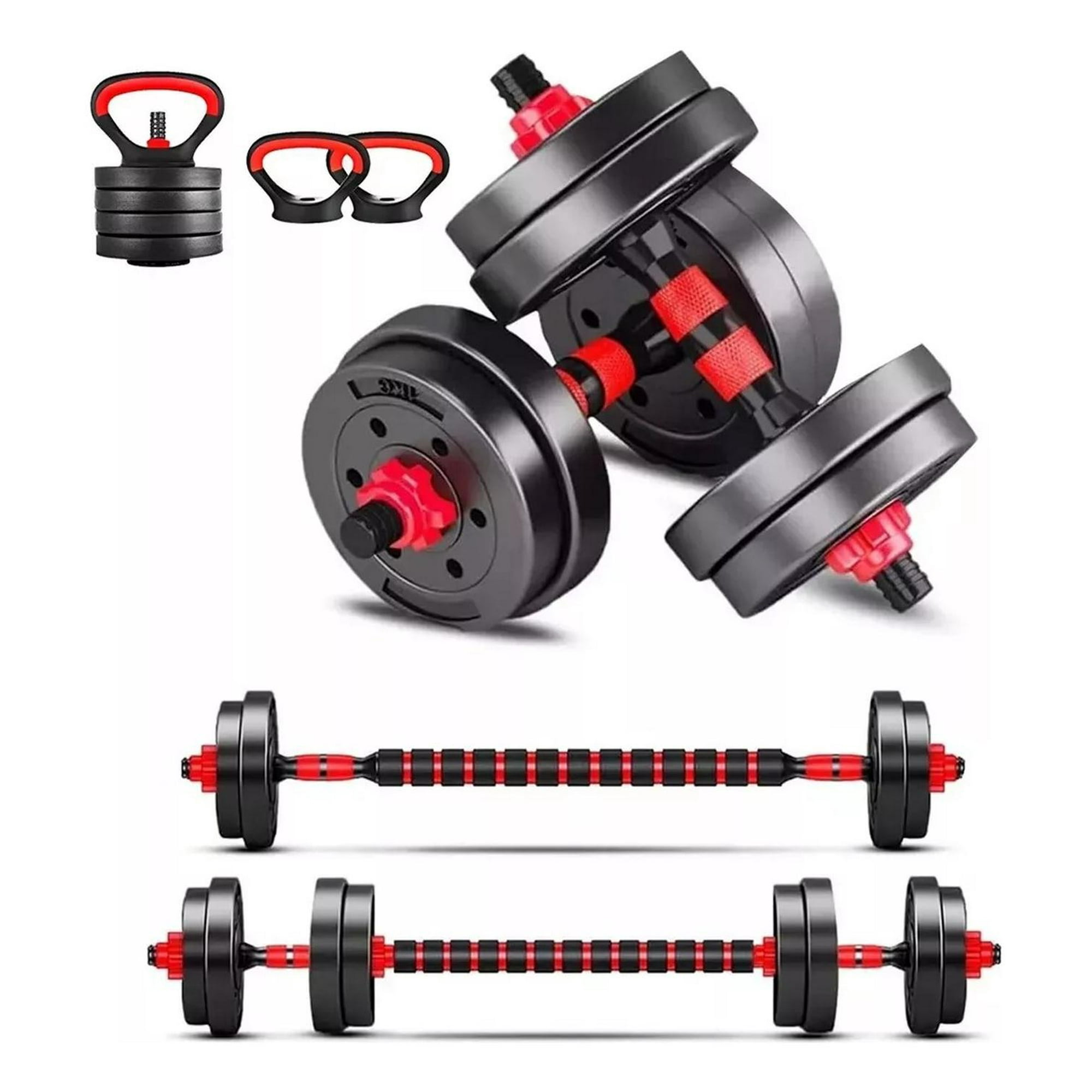 Yep - Set 15 Kg Mancuernas Ajustable Barra Y Kettlebell 3 En 1 Rojo