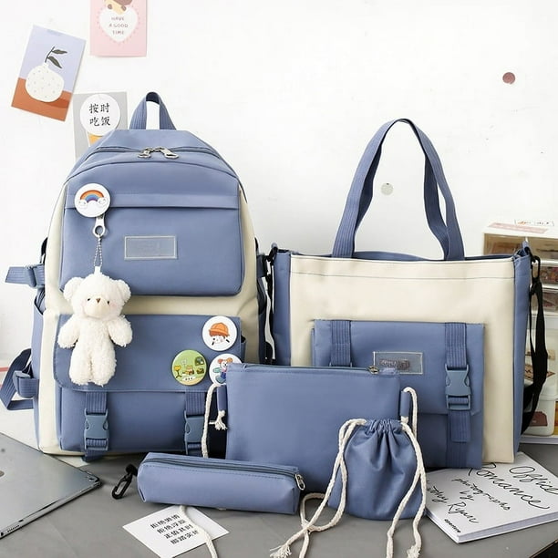 5 Piece Set School Bags For Teenage Backpack Female Girls Canvas Solid Color Women Teen Student Schoolbag