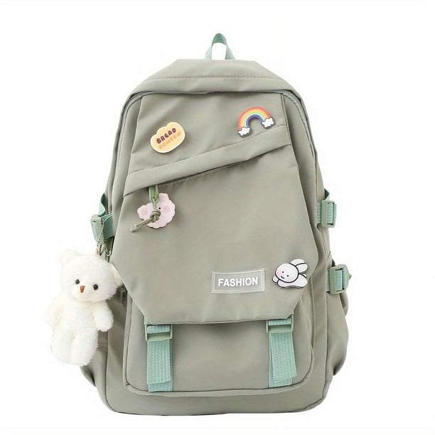 1pc Simple Backpack With Cute Cartoon Badge And Pendant, Korean Version Double Shoulder Bag, Large Capacity Backpack For Short-Distance Travel, Students Schoolbag