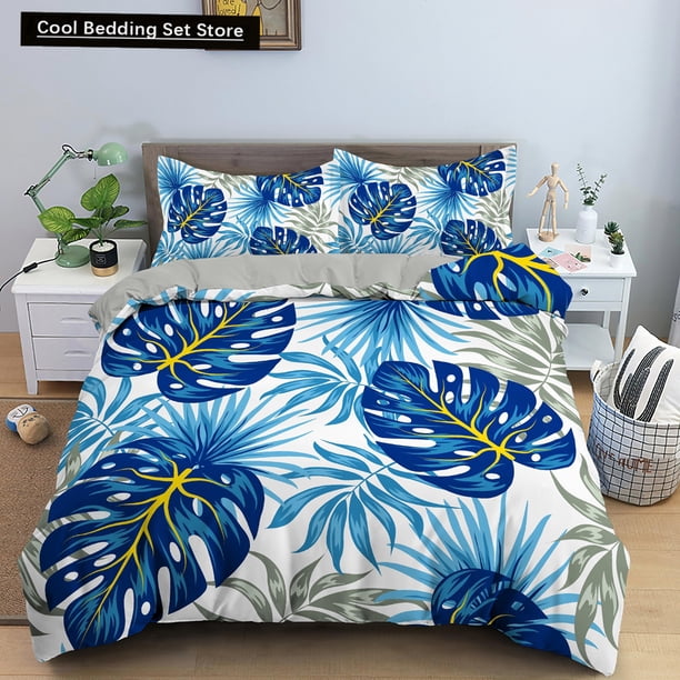 Tropical Leaves Butterfly Printed Duvet Cover Bedding Sets with Pillow Case Luxury Polyester Bedspread /King Size Gift Blue Bed Sheets