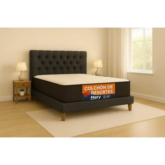 Cama Plaza y Media Gris Grafito Capitoné + Colchon Mery Desing