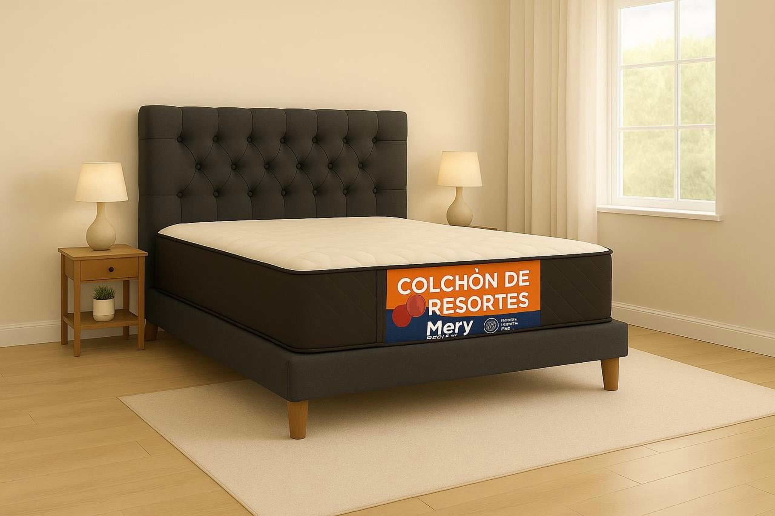 Ethan Desing - Cama Plaza Y Media Gris Grafito Capitoné + Colchon Mery Desing