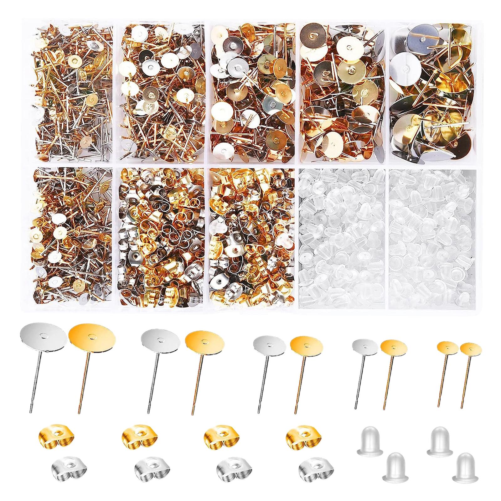 Magideal - 2000X Postes Y Parte Trasera De Pendientes, Almohadilla Plana, Pendientes, Tapones De Oreja De Metal, Hallazgos, Conjunto De Fabricación De Pendientes Plata Dorada