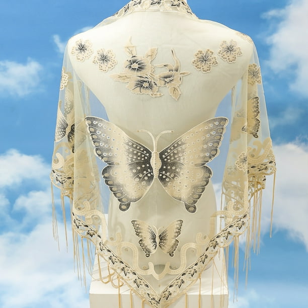 29.5"×55.1" Triangle Scarf Butterfly Flower Embroidery Lace Tassel Shawl Elegant Breathable Windproof Wrap Outdoor Accessories