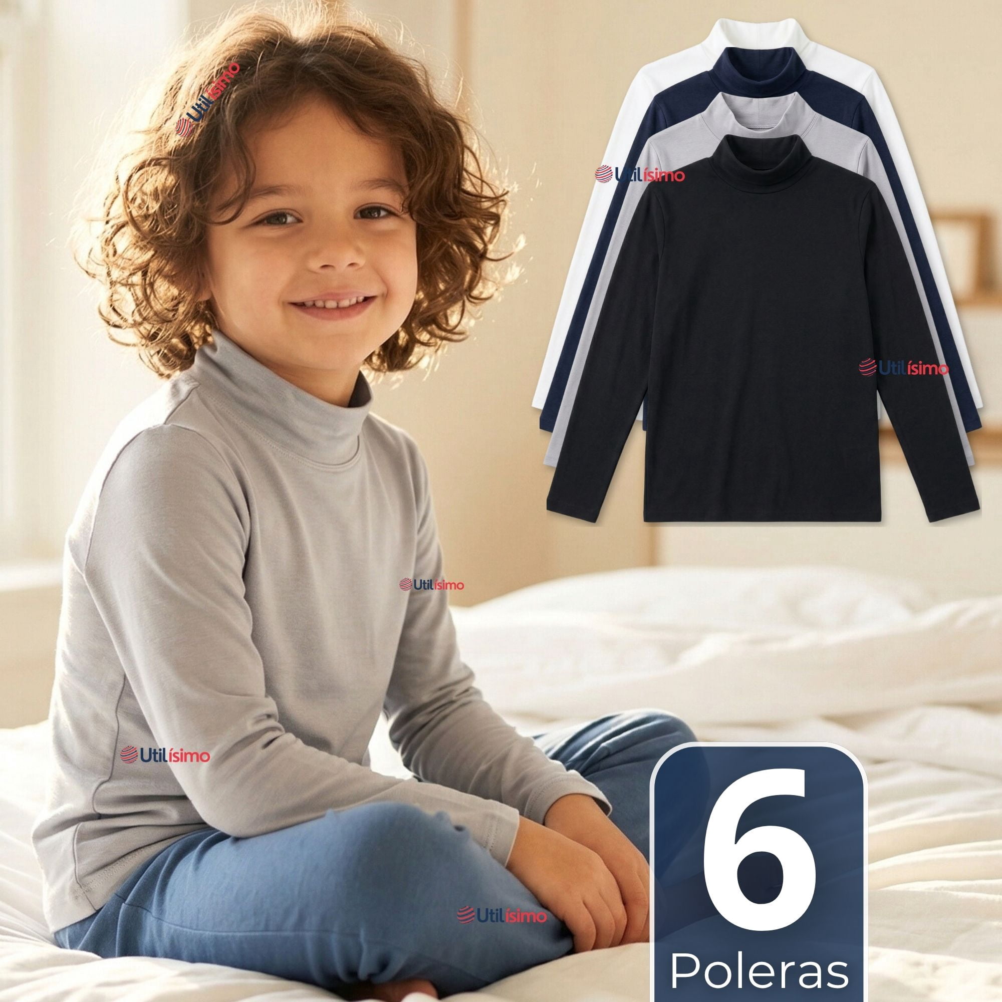 Utilisimo - Pack 6 Poleras Camisetas Básica Polar Primera Capa Beatle Manga Larga Colores Surtido Niño