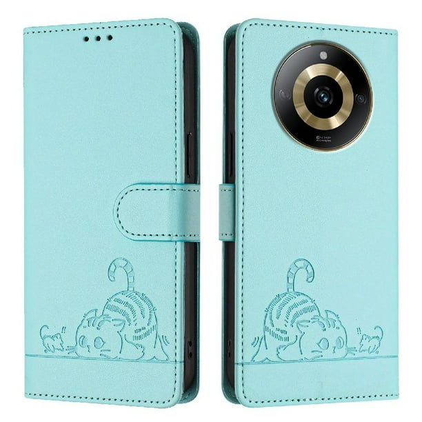 Funda tipo cartera FOXDOCK para Realme 11 4G con soporte, ranuras, RFID, diseño de gato