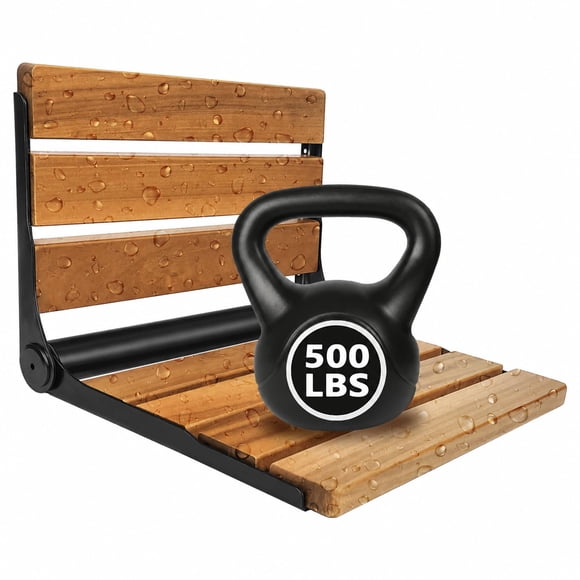 Asiento de Ducha Plegable de Teca Koretech de Acero Inoxidable para Seguridad en el Baño